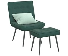 Poilsio kėdė su taburete, tamsiai žalios spalvos, aksomas