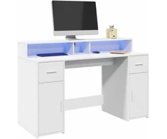 Rašomasis stalas su LED apšvietimu, baltas, 140x55x91cm