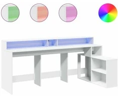 Rašomasis stalas su LED apšvietimu, baltas, 200x104x91cm