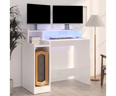 Rašomasis stalas su LED, baltas, 97x45x90cm, mediena, blizgus