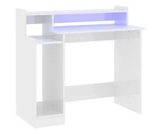 Rašomasis stalas su LED, baltas, 97x45x90cm, mediena, blizgus