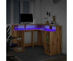 Rašomasis stalas su LED, rudas ąžuolo, 130x130x91cm, mediena