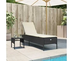 Saulės gultas su staliuku ir pagalvėlėmis, juodas, poliratanas