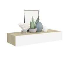Sieninė lentyna su stalčiumi, ąžuolo/balta, 60x23,5x10cm, MDF