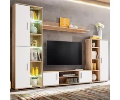 TV staliukas Sieninė TV sekcija su LED švies., Sonoma ąžuolo mediena, balta