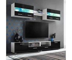 TV staliukas Sieninė TV sekcija su LED šviesomis, 5 d., blizgi, juoda