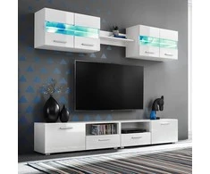 TV staliukas Sieninė TV sekcija su LED šviesomis, 5d., blizgi balta