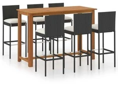 Lauko baldų komplektas Sodo baro baldų komplektas su pagalvėlėmis, 7 dalių, juodas