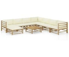 Lauko baldų komplektas Sodo komplektas su kreminėmis pagalvėmis, 9 dalių, bambukas