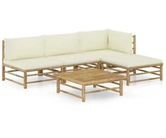 Lauko baldų komplektas Sodo komplektas su kreminėmis pagalvėmis, 5 dalių, bambukas