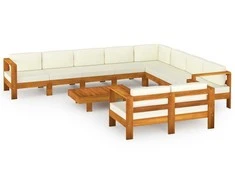 Lauko baldų komplektas Sodo komplektas su kreminėmis pagalvėmis, 10 dalių, akacija