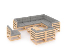 Lauko baldų komplektas Sodo komplektas su pagalvėlėmis, 10 dalių, pušies masyvas
