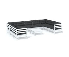 Lauko baldų komplektas Sodo komplektas su pagalvėmis, 10 dalių, baltas, pušies mediena