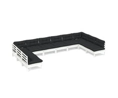 Lauko baldų komplektas Sodo komplektas su pagalvėmis, 10 dalių, baltas, pušies masyvas
