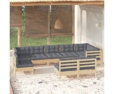 Lauko baldų komplektas Sodo komplektas su pilkomis pagalvėmis, 9 dalių, pušis