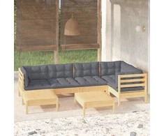 Lauko baldų komplektas Sodo komplektas su pilkomis pagalvėmis, 7 dalių, pušis