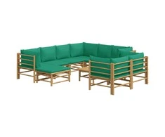 Lauko baldų komplektas Sodo komplektas su žaliomis pagalvėlėmis, 10 dalių, bambukas