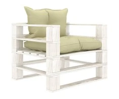 Sodo sofa iš palečių su kreminėmis pagalvėlėmis, mediena