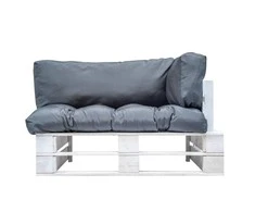 Sodo sofa iš palečių su pilkomis pagalvėlėmis, pušies mediena