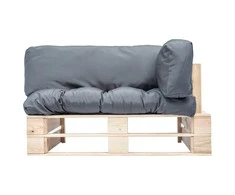 Sodo sofa iš palečių su pilkomis pagalvėlėmis, pušies mediena