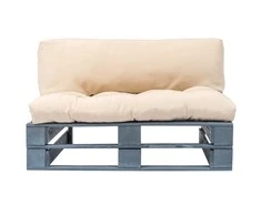 Sodo sofa iš palečių su smėlio pagalvėlėmis, pušies mediena