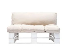 Sodo sofa iš palečių su smėlio pagalvėlėmis, pušies mediena