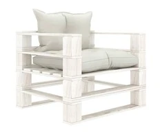 Sodo sofa iš palečių su smėlio spalvos pagalvėmis, mediena