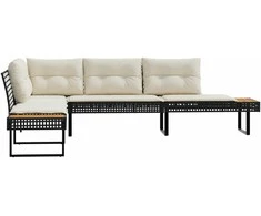 Sodo sofa su pagalvėlėmis, juoda, poliratanas/akacija, L formos