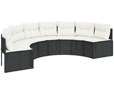 Sodo sofa su pagalvėlėmis, juoda, poliratanas, pusapvalė