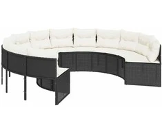 Sodo sofa su pagalvėlėmis, juodos spalvos, poliratanas, apvali