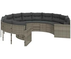 Sodo sofa su pagalvėlėmis, pilkos spalvos, poliratanas, apvali