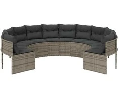 Sodo sofa su pagalvėlėmis, pilkos spalvos, poliratanas, apvali
