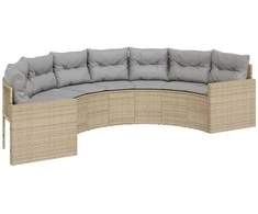 Sodo sofa su pagalvėlėmis, smėlio, poliratanas, pusapvalė