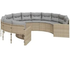 Sodo sofa su pagalvėlėmis, smėlio spalvos, poliratanas, apvali