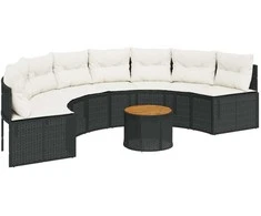 Sodo sofa su stalu/pagalvėlėmis, juoda, poliratanas, pusapvalė