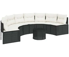 Sodo sofa su stalu/pagalvėlėmis, juoda, poliratanas, pusapvalė