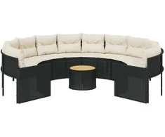 Sodo sofa su stalu/pagalvėlėmis, juoda, poliratanas, apvali