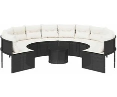 Sodo sofa su stalu/pagalvėlėmis, juoda, poliratanas, apvali