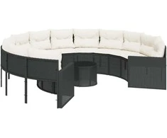 Sodo sofa su stalu/pagalvėlėmis, juoda, poliratanas, apvali