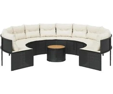 Sodo sofa su stalu/pagalvėlėmis, juoda, poliratanas, apvali