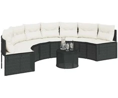 Sodo sofa su stalu/pagalvėlėmis, juoda, poliratanas, pusapvalė