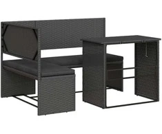 Lauko baldų komplektas Sodo sofa su stalu/pagalvėlėmis, juoda, poliratanas, L formos