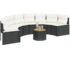 Sodo sofa su stalu/pagalvėlėmis, juoda, poliratanas, pusapvalė
