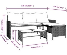 Sodo sofa su stalu/pagalvėlėmis, pilka, poliratanas, L formos