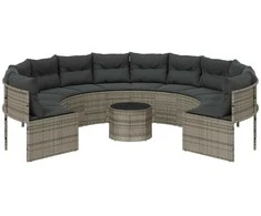 Sodo sofa su stalu/pagalvėlėmis, pilka, poliratanas, apvali