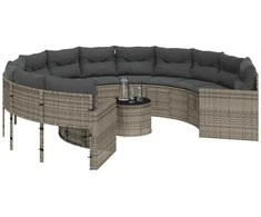 Sodo sofa su stalu/pagalvėlėmis, pilka, poliratanas, apvali