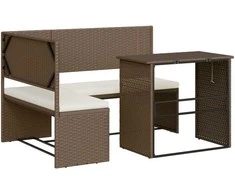 Sodo sofa su stalu/pagalvėlėmis, ruda, poliratanas, L formos