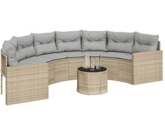 Sodo sofa su stalu/pagalvėlėmis, smėlio, poliratanas, pusapvalė