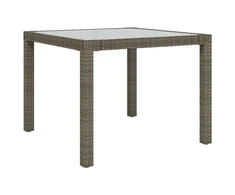 Sodo stalas, pilkas, 90x90x75cm, grūdintas stiklas/poliratanas