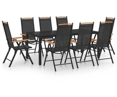 Lauko baldų komplektas Sodo valgomojo baldų komplektas, 9 dalių, juodas, aluminis